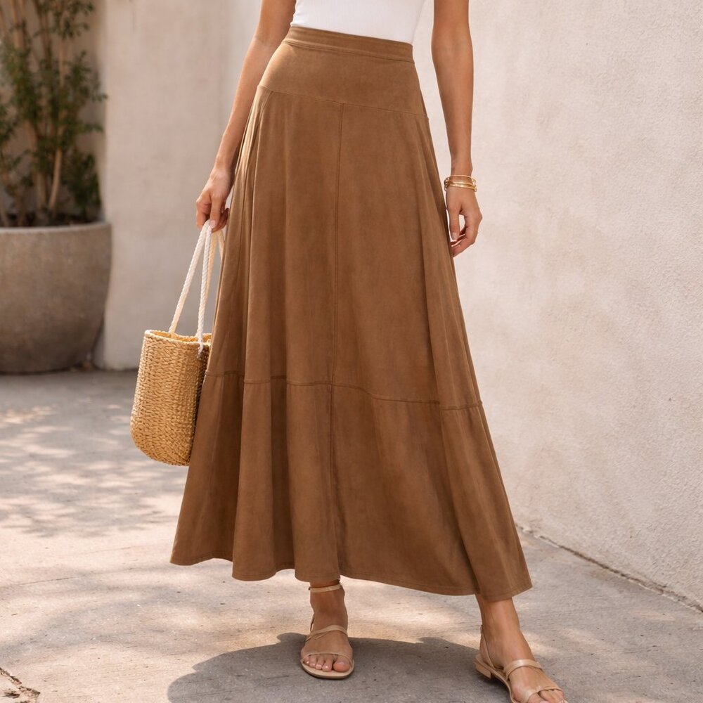 Sunny Leigh Brown Midi Skirt | Size L | Flowy Boho A-Line